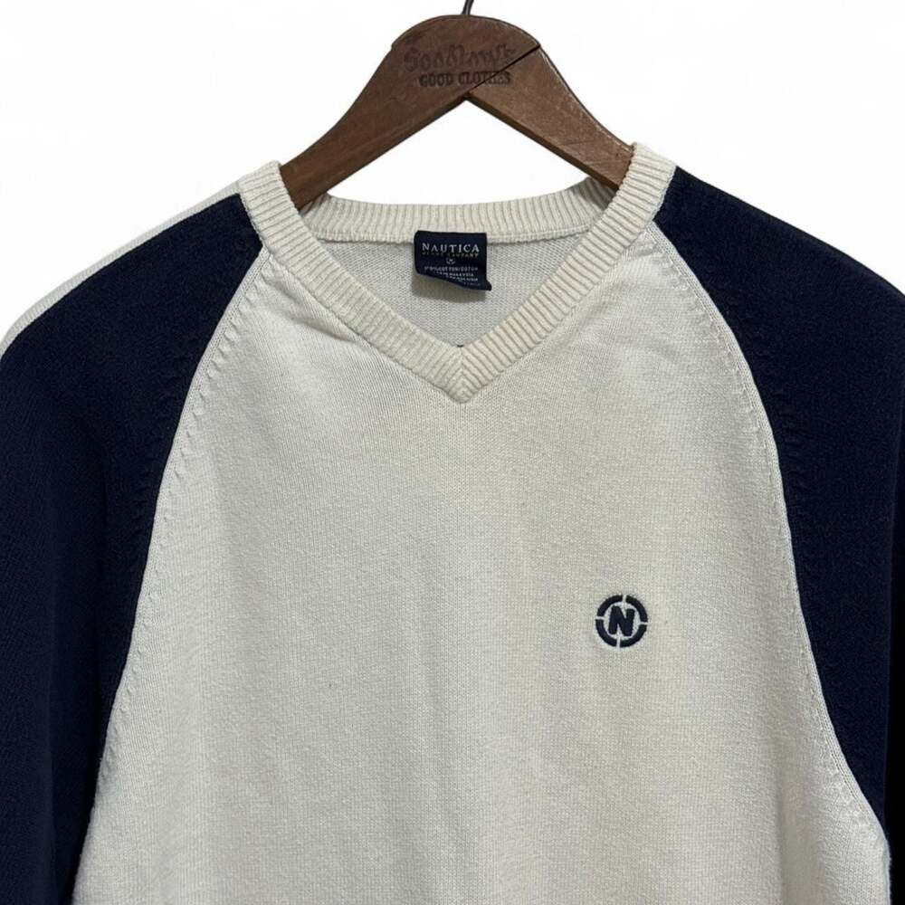 Nautica Jeans Company Vintage Colorblock V-Neck Cotton Sweater L/G